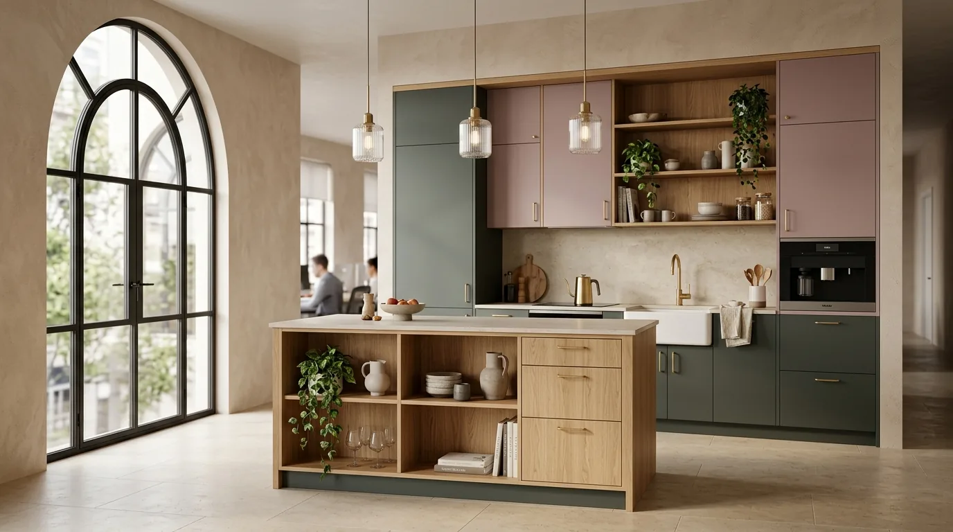 Joy Collection pantry in Verde Comodoro and Rosa Viola
